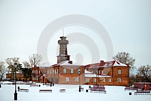 The complex of buildings of a vocational school and a fire truck in the center of the city of Sviyazhsk