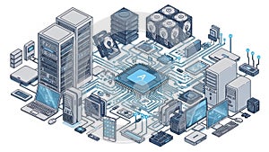 Complex computer network diagram isolated on white background