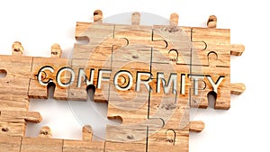 Complex and confusing conformity: learn complicated, hard and difficult concept of conformity,pictured as pieces of a wooden