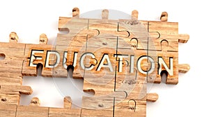 Complex and confusing education: learn complicated, hard and difficult concept of education,pictured as pieces of a wooden jigsaw