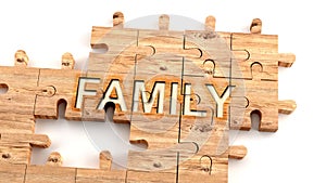 Complex and confusing family: learn complicated, hard and difficult concept of family,pictured as pieces of a wooden jigsaw puzzle