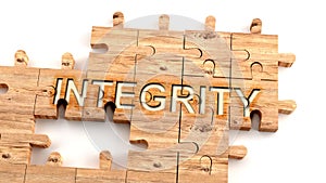 Complex and confusing integrity: learn complicated, hard and difficult concept of integrity,pictured as pieces of a wooden jigsaw