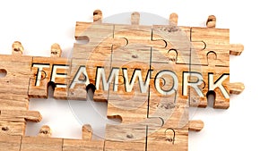 Complex and confusing teamwork: learn complicated, hard and difficult concept of teamwork,pictured as pieces of a wooden jigsaw