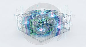 Complex cube structure with glowing nodes and interconnected lines on a white background