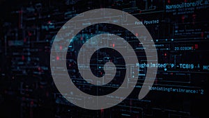 Layered Blue Code Interface with Technical Data Panels