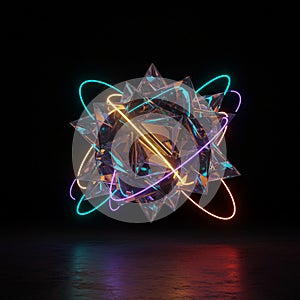 A complex 3D geometric structure composed of transparent, interlocking pyramids,