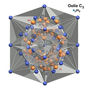 A complex 3D molecular structure consisting of interconnected spheres in blue and