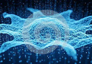 A complex 3D representation of a digital network, featuring