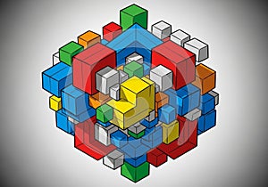 A complex 3D structure composed of connected cubes in various