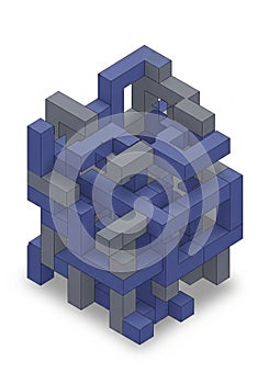 Complex 3D structure composed of interlocking blue and gray