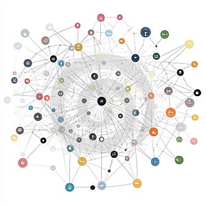 Complex data network visualization with color-coded nodes and interconnected pathways