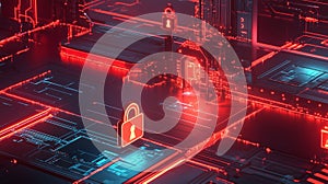 Complex data stream flowing through a series of lock icons. By generative Ai