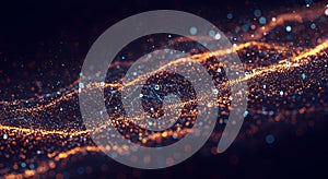 Complex data stream visualization with glowing particles and binary code