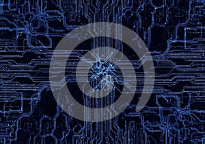 A complex digital circuit pattern with a dark blue background and interconnected light blue lines