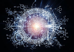 Complex digital composition featuring a bright central light