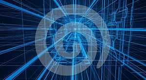 A complex digital grid pattern composed of intersecting blue lines on a dark