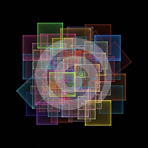 A complex, digital illustration featuring overlapping translucent squares in vibrant