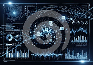 Complex digital interface displaying interconnected network nodes, data visualizations, and graphs.