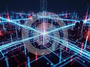 A complex digital network with interconnected nodes and lines