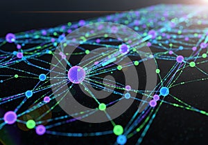 A complex digital network visualization features