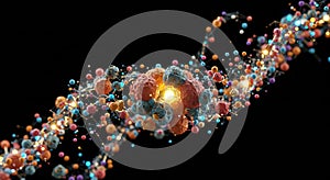 A complex, digitally-generated molecular structure featuring interconnected spheres