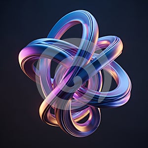 A complex, digitally-rendered geometric shape with interlocking loops, featuring