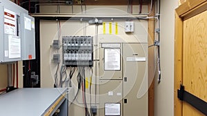 Electrical panel, circuit breakers, and wiring in building control room