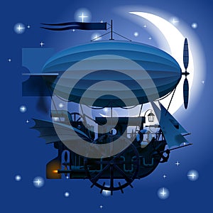 Complex fantastic flying ship in night sky with moon