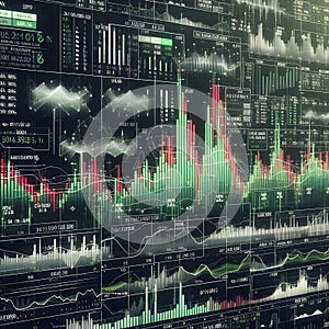 Complex financial data visualization on a dark digital screen displays various graphs and charts.