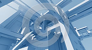 Complex futuristic abstract architectural structure with geometric lines and intersecting planes.