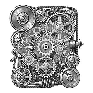 Complex Gear Mechanism Cogs and Pulleys vector