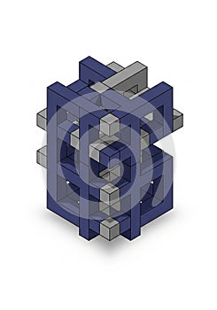 A complex, geometric 3D structure composed of interlocking blue