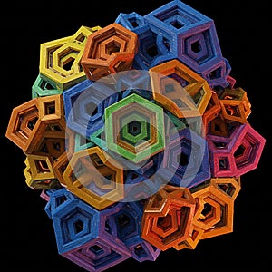 A complex geometric 3D structure composed of interlocking pentagonal shapes