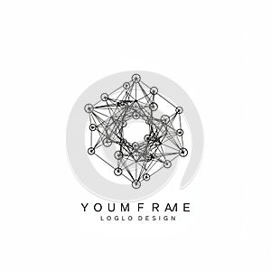 A complex geometric logo featuring interconnected black lines with circular nodes