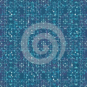 Complex geometric pattern composed of interconnected lines, shapes, and dots in