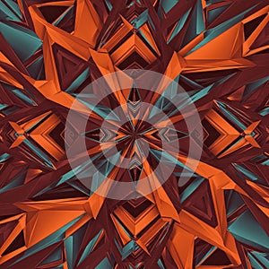 A complex geometric pattern features interlocking angular shapes in shades of