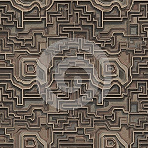 Complex geometric pattern featuring interconnected pathways and layers, resembling