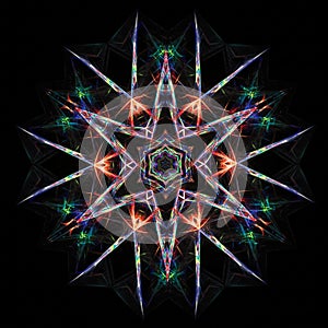 Complex geometric pattern featuring a vibrant, multi-colored starburst design.