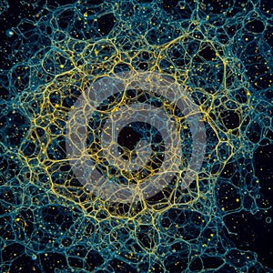 Complex geometric pattern with interconnected web-like structures in blue and yellow