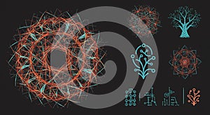 Complex geometric patterns and symbols arranged on a black background. The