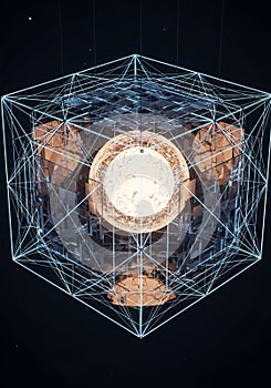 A complex geometric structure with a central glowing sphere is