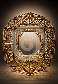 A complex geometric structure composed of interlocking golden metallic rods forms