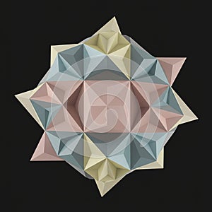 A complex geometric structure composed of interlocking pyramid-like shapes in