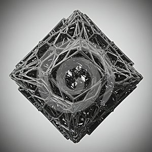 A complex, geometric structure composed of interwoven, metallic, lattice-like