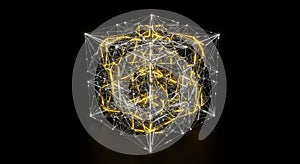 A complex geometric structure consisting of interconnected lines and nodes forms a