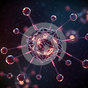 A complex geometric structure with a crystalline appearance, featuring a central core