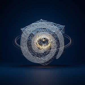 A complex geometric structure forms a cube, composed of interconnected metallic