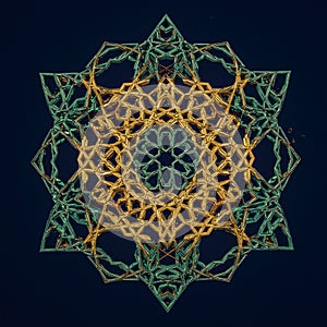 A complex geometric structure with an intricate star-shaped pattern featuring