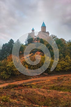 Complex of Gremi Castle in Kakheti .in the autumn haze, Georgia