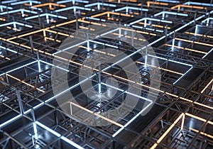 A complex grid of metallic structures forms a futuristic 3D